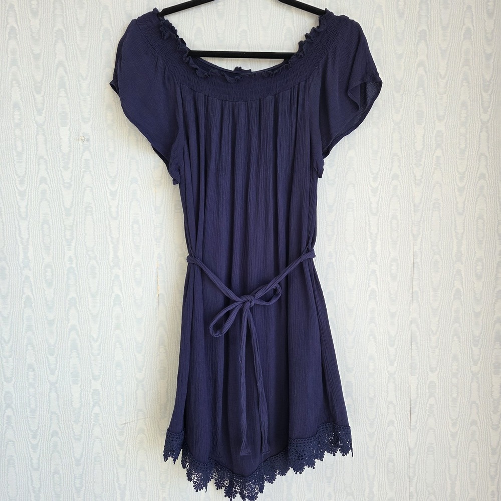 NY & Co‎ L Shift Dress Off Shoulder Tie Waist Peasant Navy Boho Lace Trim Flowy